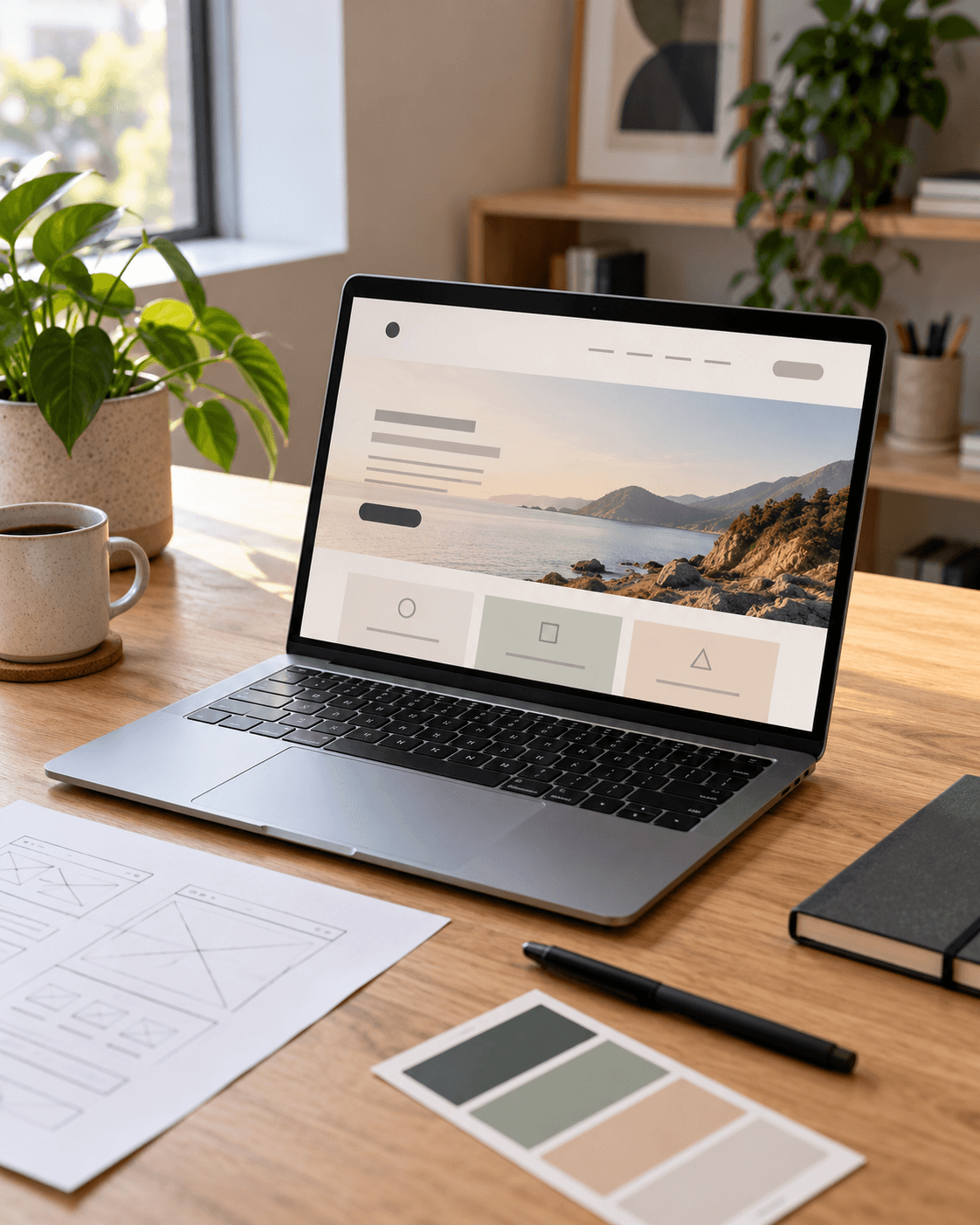 Laptop displaying a professional website in a design studio